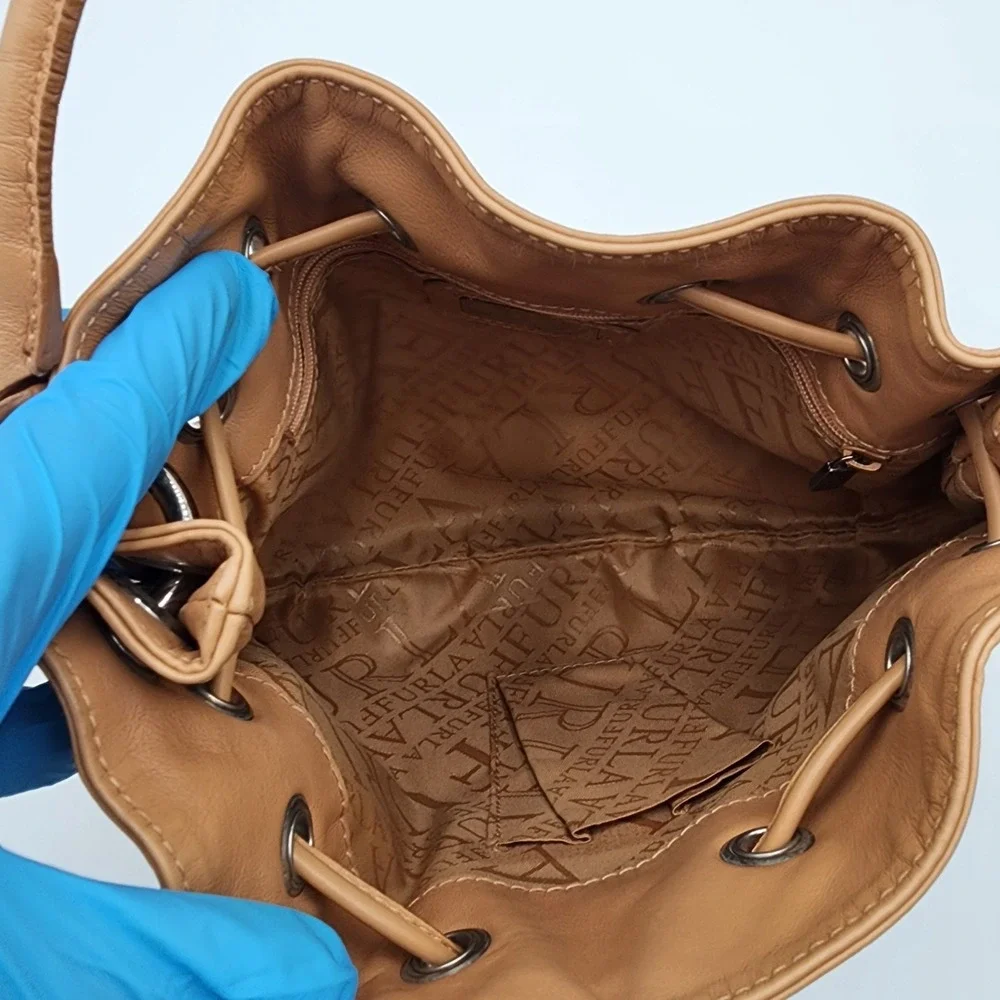 Furla Hobo Shoulder Bag Tan Soft Smooth Leather Drawstring Studded Authentic
